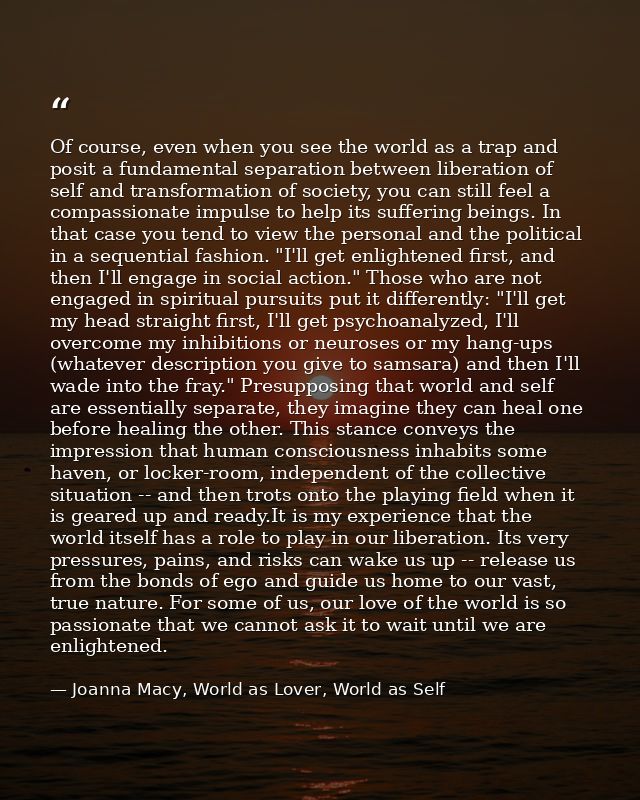 Of course, even when you see the world as a trap and posit a fundamental separation between liberation of self and trans — Joanna Macy, World as Lover, World as Self