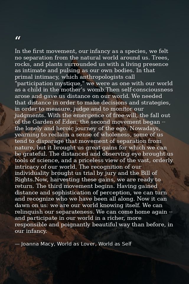 In the first movement, our infancy as a species, we felt no separation from the natural world around us. Trees, rocks, a — Joanna Macy, World as Lover, World as Self