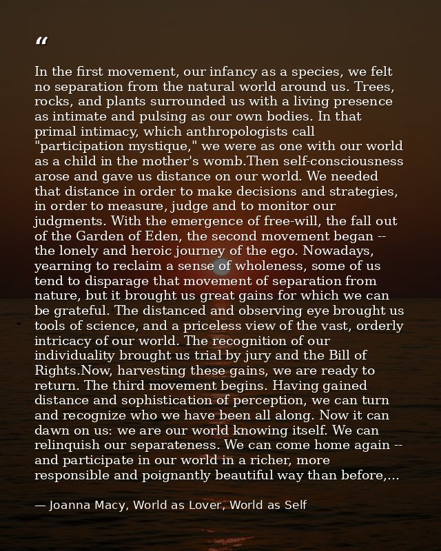 In the first movement, our infancy as a species, we felt no separation from the natural world around us. Trees, rocks, a — Joanna Macy, World as Lover, World as Self