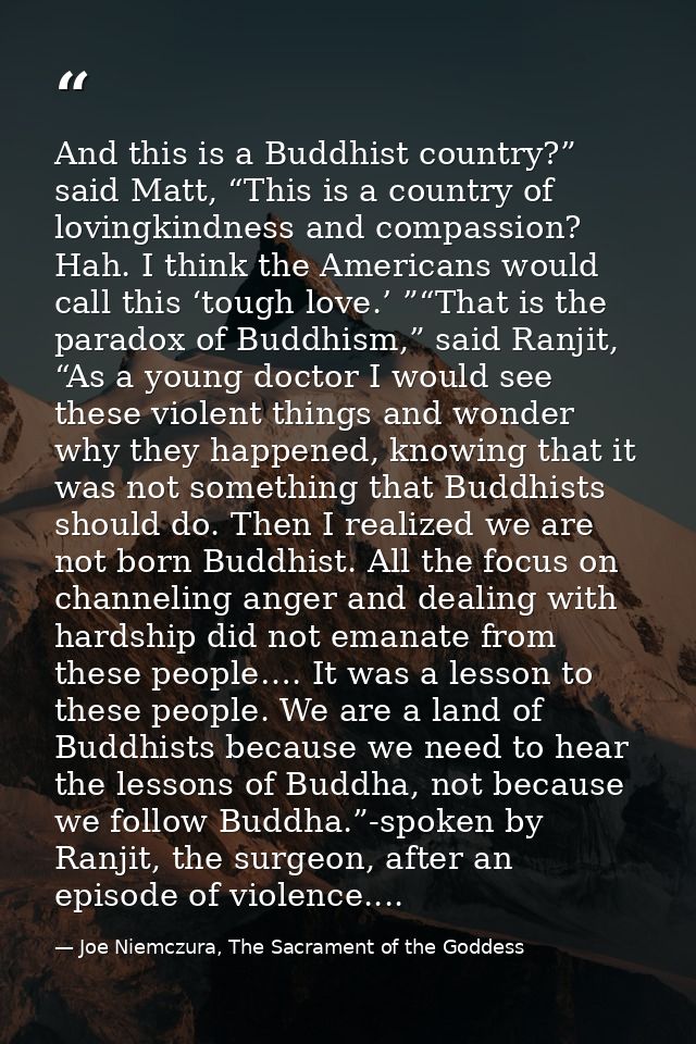 And this is a Buddhist country?” said Matt, “This is a country of lovingkindness and compassion? Hah. I think the Americ — Joe Niemczura, The Sacrament of the Goddess