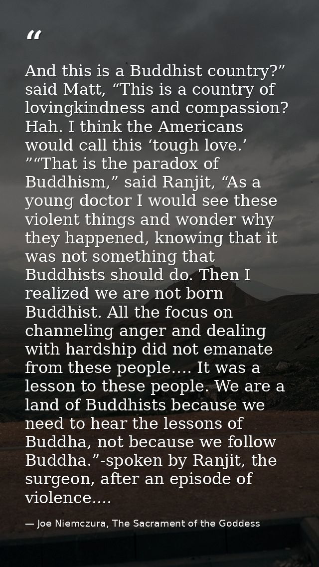 And this is a Buddhist country?” said Matt, “This is a country of lovingkindness and compassion? Hah. I think the Americ — Joe Niemczura, The Sacrament of the Goddess