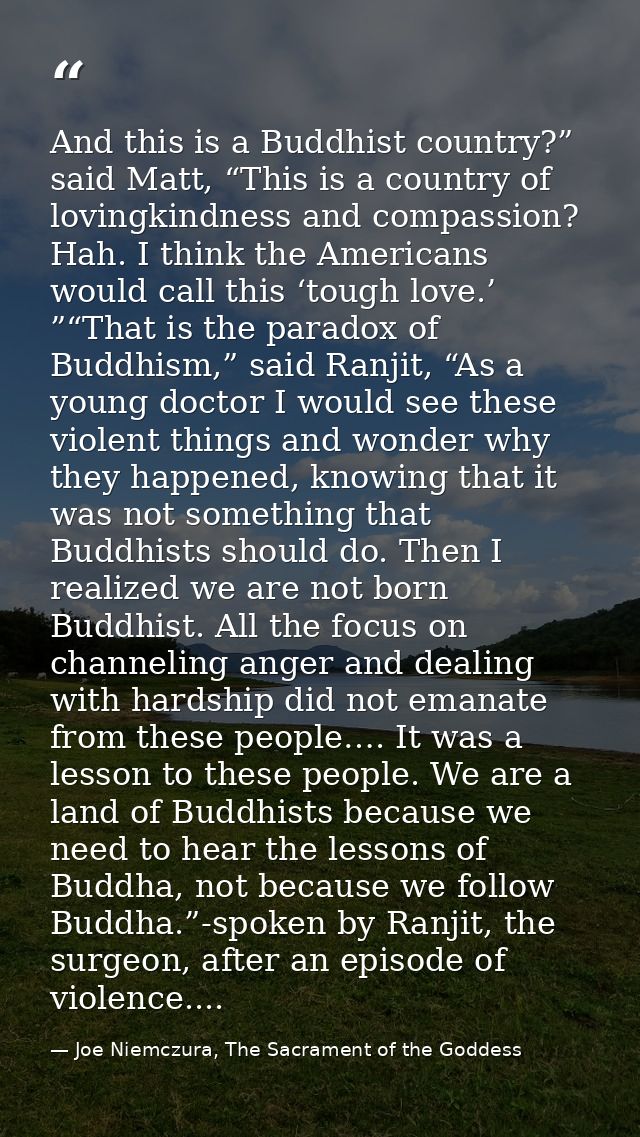 And this is a Buddhist country?” said Matt, “This is a country of lovingkindness and compassion? Hah. I think the Americ — Joe Niemczura, The Sacrament of the Goddess