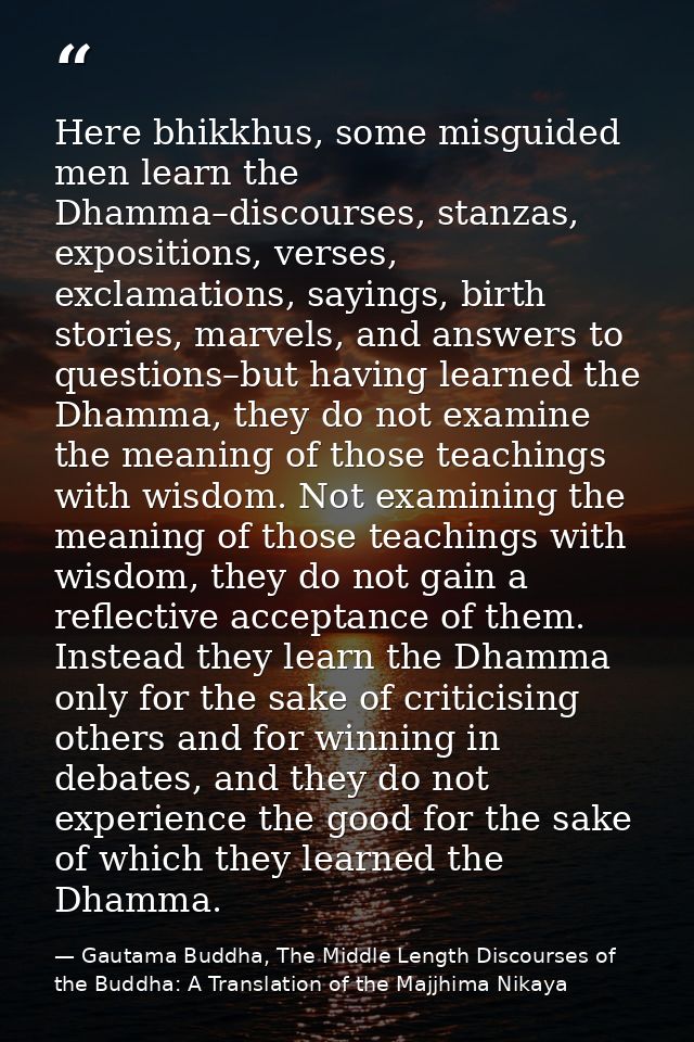 Here bhikkhus, some misguided men learn the Dhamma–discourses, stanzas, expositions, verses, exclamations, sayings, birt — Gautama Buddha, The Middle Length Discourses of the Buddha: A Translation of the Majjhima Nikaya