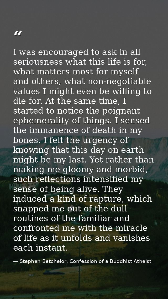 I was encouraged to ask in all seriousness what this life is for, what matters most for myself and others, what non-nego — Stephen Batchelor, Confession of a Buddhist Atheist