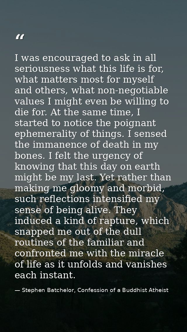 I was encouraged to ask in all seriousness what this life is for, what matters most for myself and others, what non-nego — Stephen Batchelor, Confession of a Buddhist Atheist