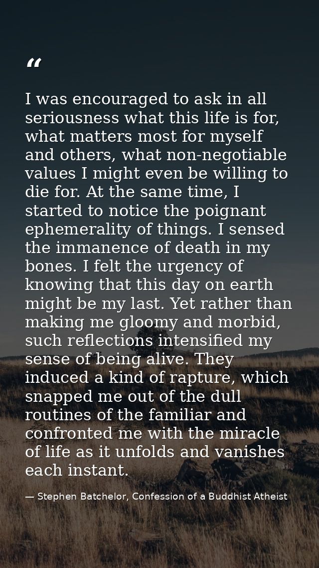 I was encouraged to ask in all seriousness what this life is for, what matters most for myself and others, what non-nego — Stephen Batchelor, Confession of a Buddhist Atheist