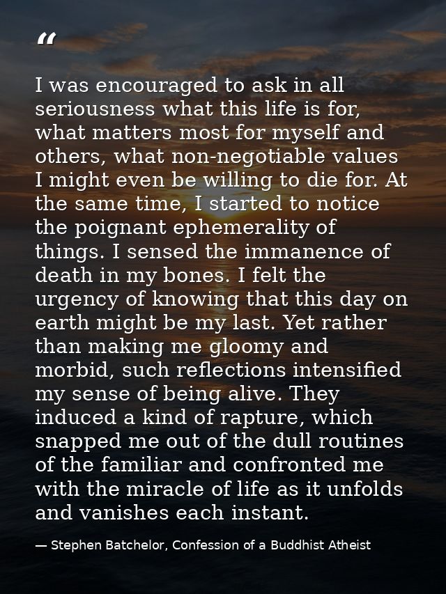 I was encouraged to ask in all seriousness what this life is for, what matters most for myself and others, what non-nego — Stephen Batchelor, Confession of a Buddhist Atheist