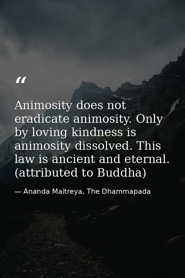 Animosity does not eradicate animosity. Only by loving kindness is animosity dissolved. This law is ancient and eternal. — Ananda Maitreya, The Dhammapada