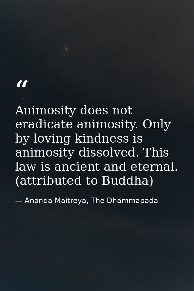 Animosity does not eradicate animosity. Only by loving kindness is animosity dissolved. This law is ancient and eternal. — Ananda Maitreya, The Dhammapada
