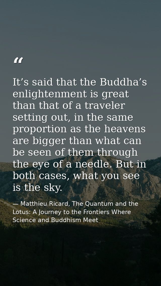 It’s said that the Buddha’s enlightenment is great than that of a traveler setting out, in the same proportion as the he — Matthieu Ricard, The Quantum and the Lotus: A Journey to the Frontiers Where Science and Buddhism Meet