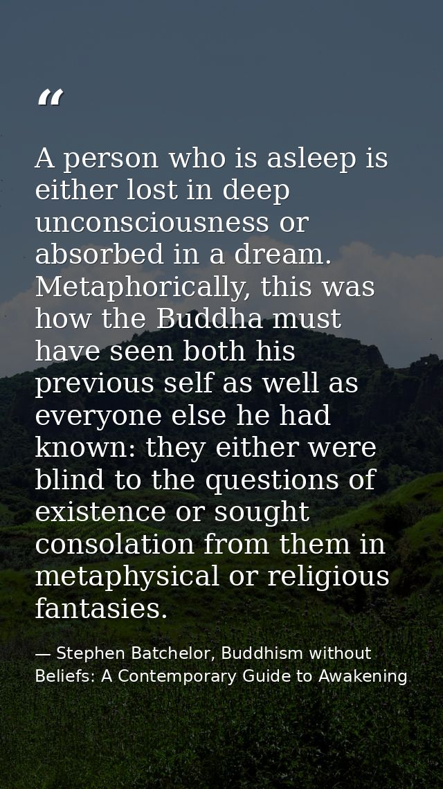 A person who is asleep is either lost in deep unconsciousness or absorbed in a dream. Metaphorically, this was how the B — Stephen Batchelor, Buddhism without Beliefs: A Contemporary Guide to Awakening