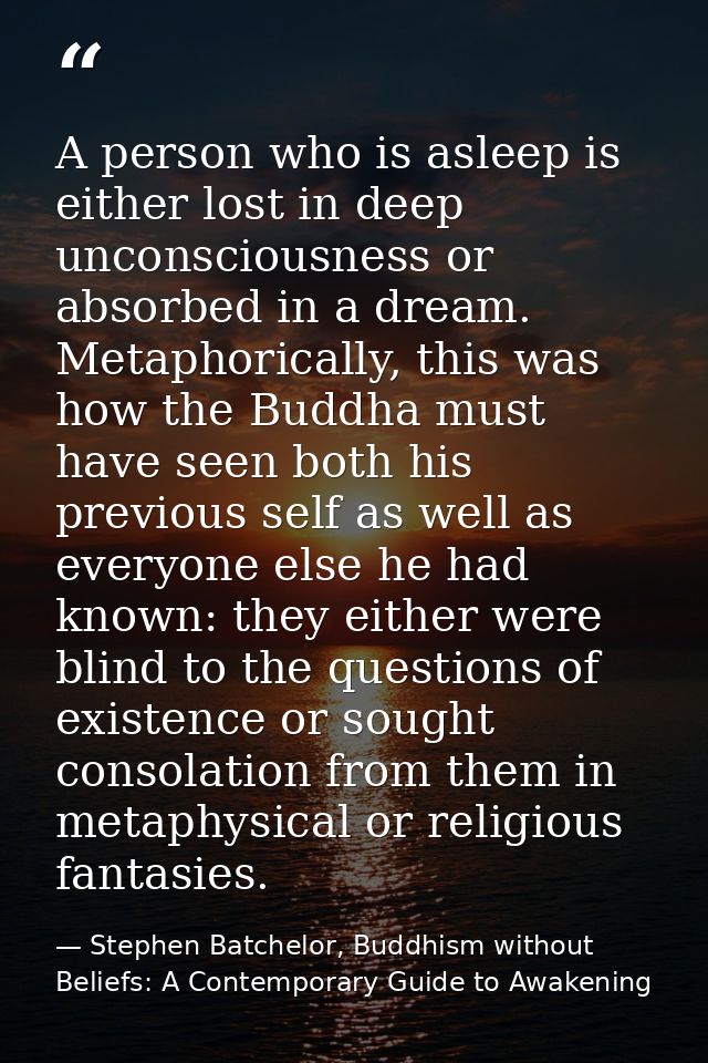 A person who is asleep is either lost in deep unconsciousness or absorbed in a dream. Metaphorically, this was how the B — Stephen Batchelor, Buddhism without Beliefs: A Contemporary Guide to Awakening