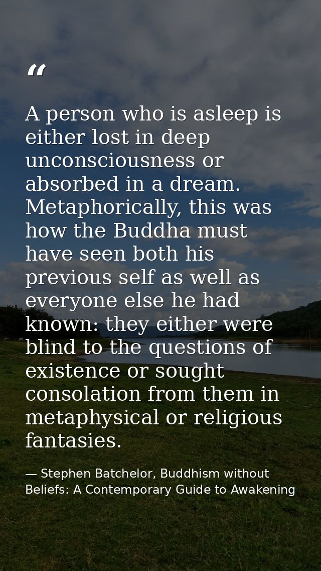 A person who is asleep is either lost in deep unconsciousness or absorbed in a dream. Metaphorically, this was how the B — Stephen Batchelor, Buddhism without Beliefs: A Contemporary Guide to Awakening