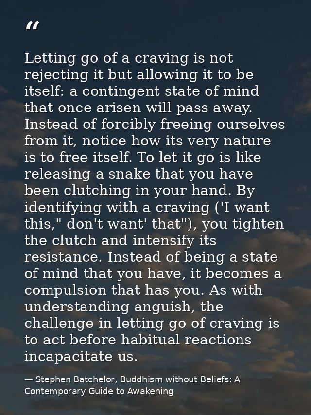 Letting go of a craving is not rejecting it but allowing it to be itself: a contingent state of mind that once arisen wi — Stephen Batchelor, Buddhism without Beliefs: A Contemporary Guide to Awakening