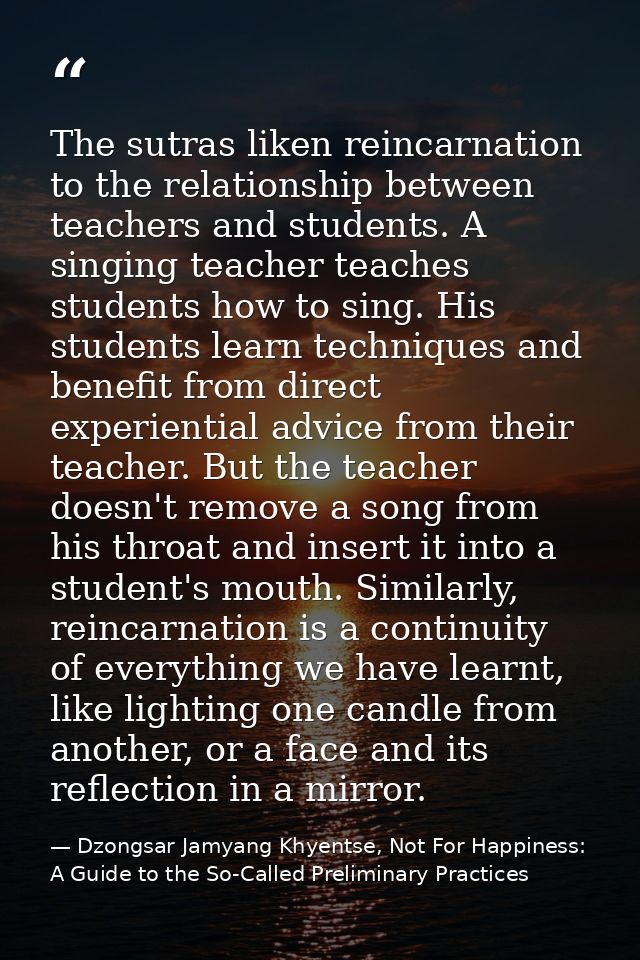 The sutras liken reincarnation to the relationship between teachers and students. A singing teacher teaches students how — Dzongsar Jamyang Khyentse, Not For Happiness: A Guide to the So-Called Preliminary Practices