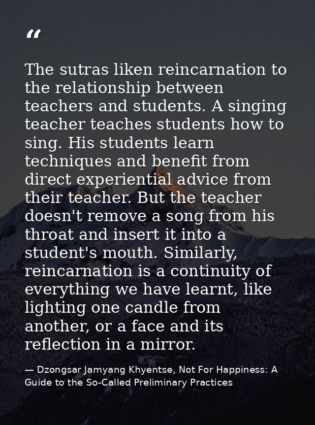 The sutras liken reincarnation to the relationship between teachers and students. A singing teacher teaches students how — Dzongsar Jamyang Khyentse, Not For Happiness: A Guide to the So-Called Preliminary Practices
