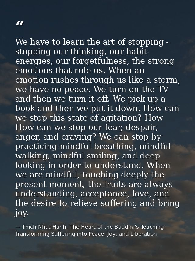We have to learn the art of stopping - stopping our thinking, our habit energies, our forgetfulness, the strong emotions — Thich Nhat Hanh, The Heart of the Buddha's Teaching: Transforming Suffering into Peace, Joy, and Liberation