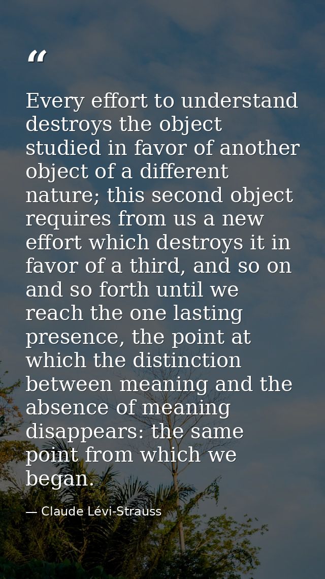 Every effort to understand destroys the object studied in favor of another object of a different nature; this second obj — Claude Lévi-Strauss