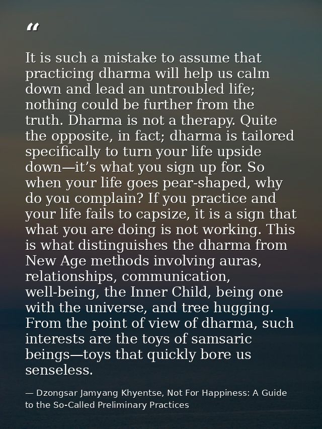 It is such a mistake to assume that practicing dharma will help us calm down and lead an untroubled life; nothing could  — Dzongsar Jamyang Khyentse, Not For Happiness: A Guide to the So-Called Preliminary Practices