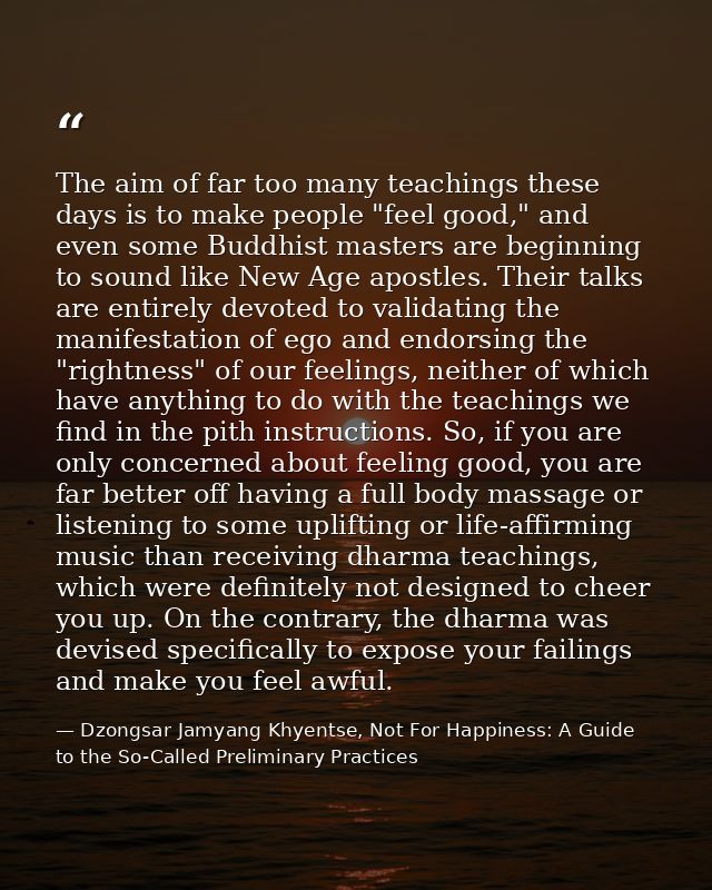 The aim of far too many teachings these days is to make people "feel good," and even some Buddhist masters are beginning — Dzongsar Jamyang Khyentse, Not For Happiness: A Guide to the So-Called Preliminary Practices