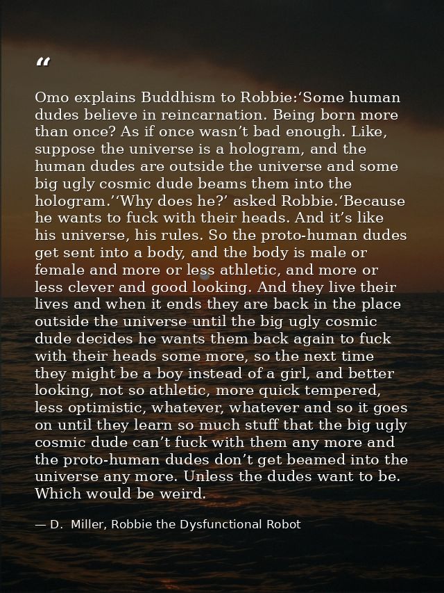 Omo explains Buddhism to Robbie:‘Some human dudes believe in reincarnation. Being born more than once? As if once wasn’t — D.  Miller, Robbie the Dysfunctional Robot