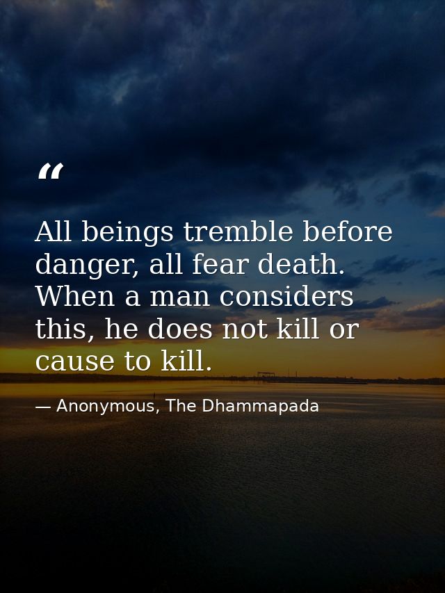 All beings tremble before danger, all fear death. When a man considers this, he does not kill or cause to kill. — Anonymous, The Dhammapada