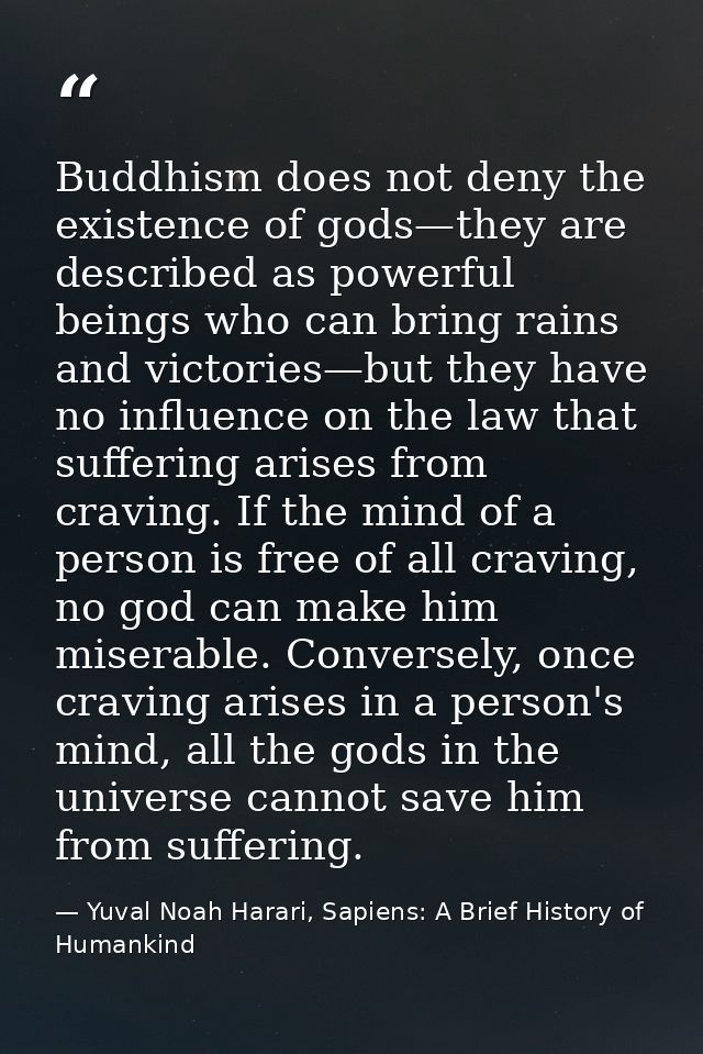 Buddhism does not deny the existence of gods—they are described as powerful beings who can bring rains and victories—but — Yuval Noah Harari, Sapiens: A Brief History of Humankind