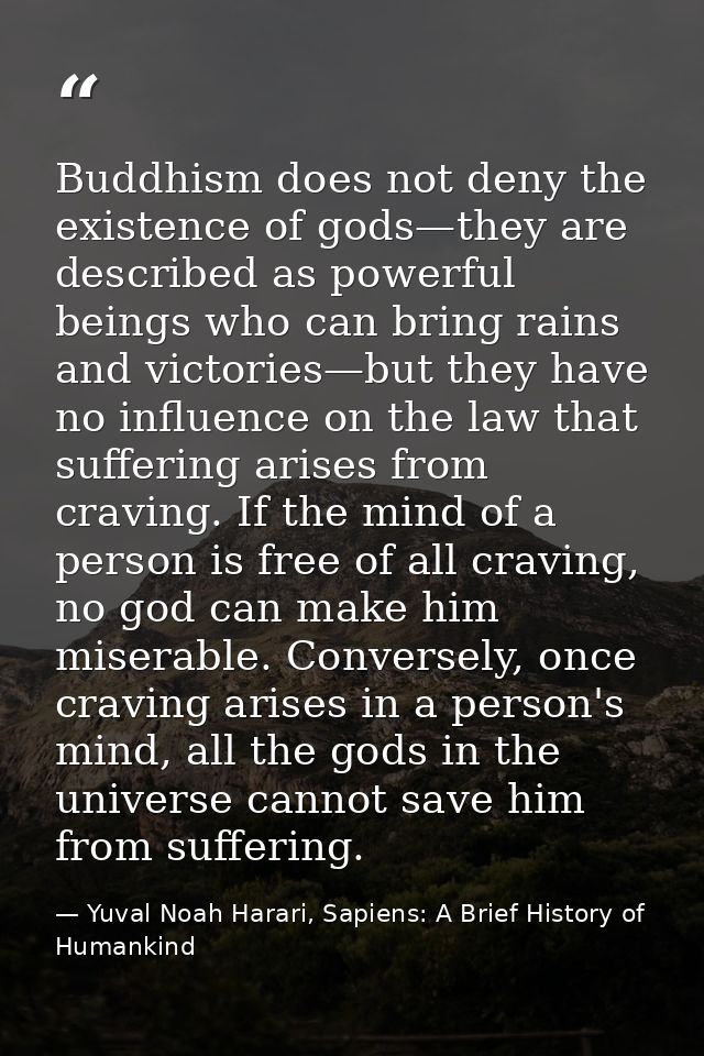 Buddhism does not deny the existence of gods—they are described as powerful beings who can bring rains and victories—but — Yuval Noah Harari, Sapiens: A Brief History of Humankind