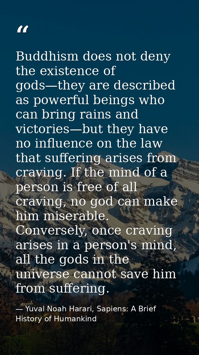 Buddhism does not deny the existence of gods—they are described as powerful beings who can bring rains and victories—but — Yuval Noah Harari, Sapiens: A Brief History of Humankind