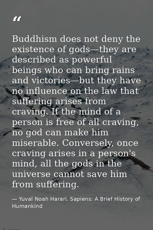 Buddhism does not deny the existence of gods—they are described as powerful beings who can bring rains and victories—but — Yuval Noah Harari, Sapiens: A Brief History of Humankind