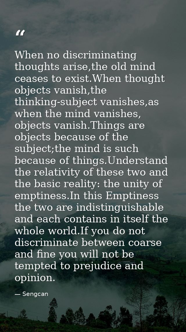 When no discriminating thoughts arise,the old mind ceases to exist.When thought objects vanish,the thinking-subject vani — Sengcan