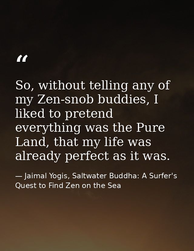 So, without telling any of my Zen-snob buddies, I liked to pretend everything was the Pure Land, that my life was alread — Jaimal Yogis, Saltwater Buddha: A Surfer's Quest to Find Zen on the Sea