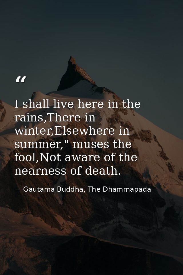 I shall live here in the rains,There in winter,Elsewhere in summer," muses the fool,Not aware of the nearness of death. — Gautama Buddha, The Dhammapada