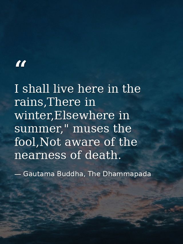 I shall live here in the rains,There in winter,Elsewhere in summer," muses the fool,Not aware of the nearness of death. — Gautama Buddha, The Dhammapada