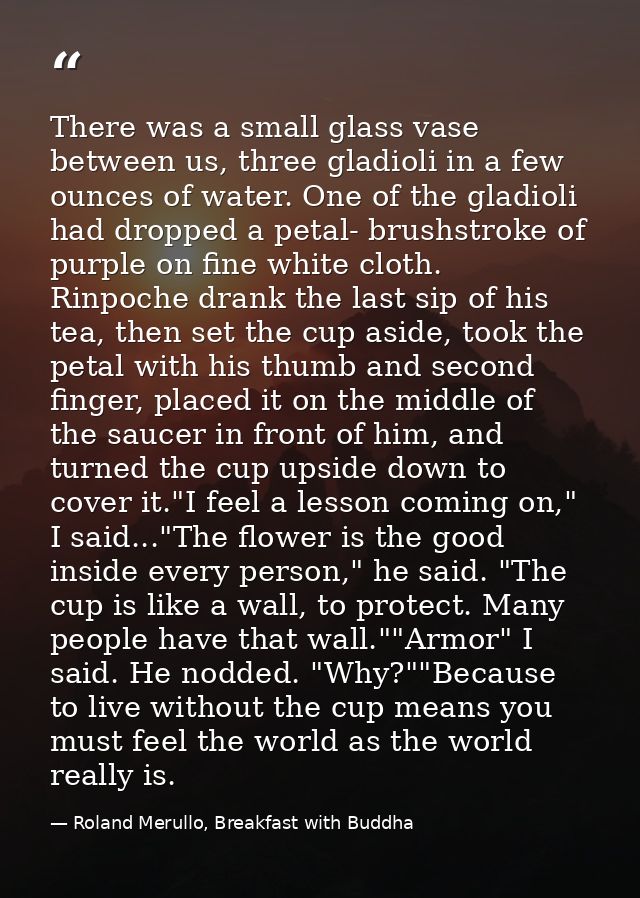 There was a small glass vase between us, three gladioli in a few ounces of water. One of the gladioli had dropped a peta — Roland Merullo, Breakfast with Buddha