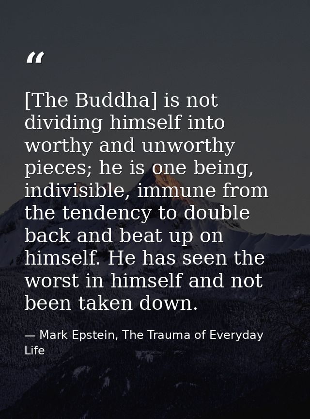 [The Buddha] is not dividing himself into worthy and unworthy pieces; he is one being, indivisible, immune from the tend — Mark Epstein, The Trauma of Everyday Life