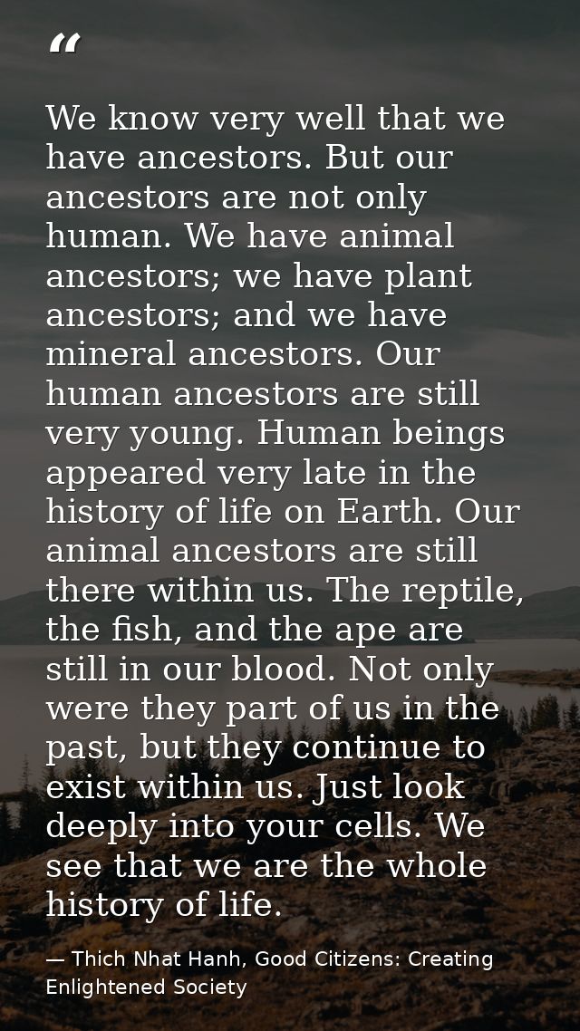 We know very well that we have ancestors. But our ancestors are not only human. We have animal ancestors; we have plant  — Thich Nhat Hanh, Good Citizens: Creating Enlightened Society