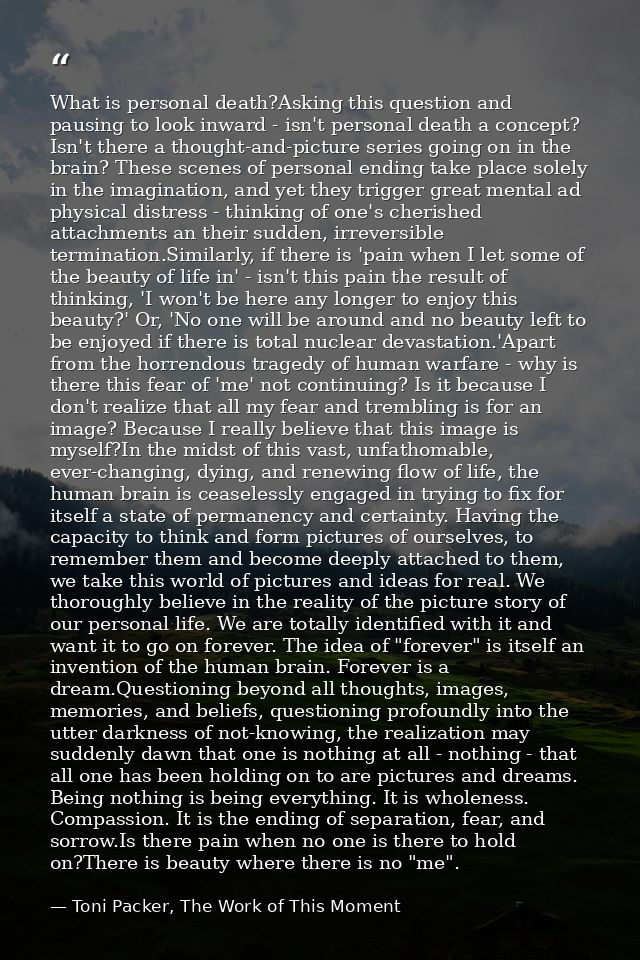 What is personal death?Asking this question and pausing to look inward - isn't personal death a concept? Isn't there a t — Toni Packer, The Work of This Moment