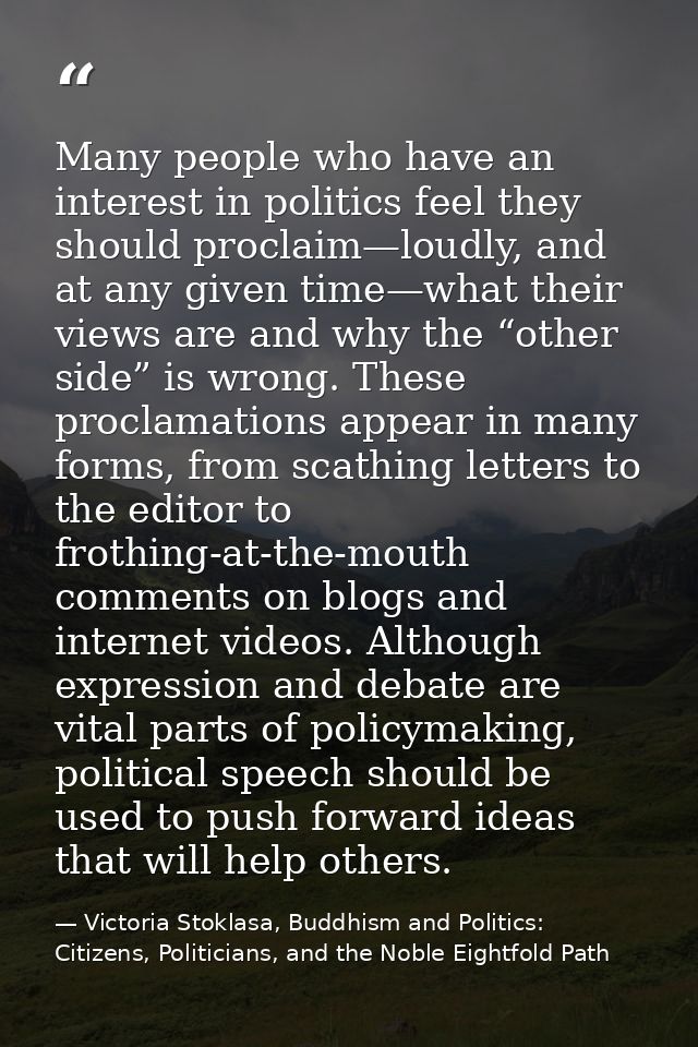 Many people who have an interest in politics feel they should proclaim—loudly, and at any given time—what their views ar — Victoria Stoklasa, Buddhism and Politics: Citizens, Politicians, and the Noble Eightfold Path