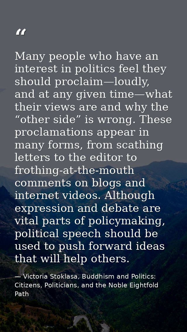 Many people who have an interest in politics feel they should proclaim—loudly, and at any given time—what their views ar — Victoria Stoklasa, Buddhism and Politics: Citizens, Politicians, and the Noble Eightfold Path