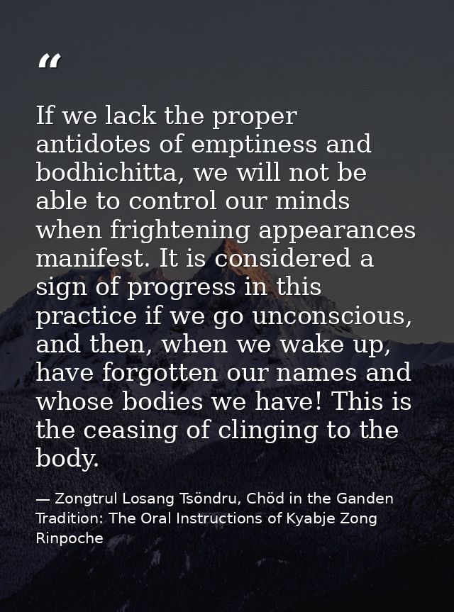 If we lack the proper antidotes of emptiness and bodhichitta, we will not be able to control our minds when frightening  — Zongtrul Losang Tsöndru, Chöd in the Ganden Tradition: The Oral Instructions of Kyabje Zong Rinpoche