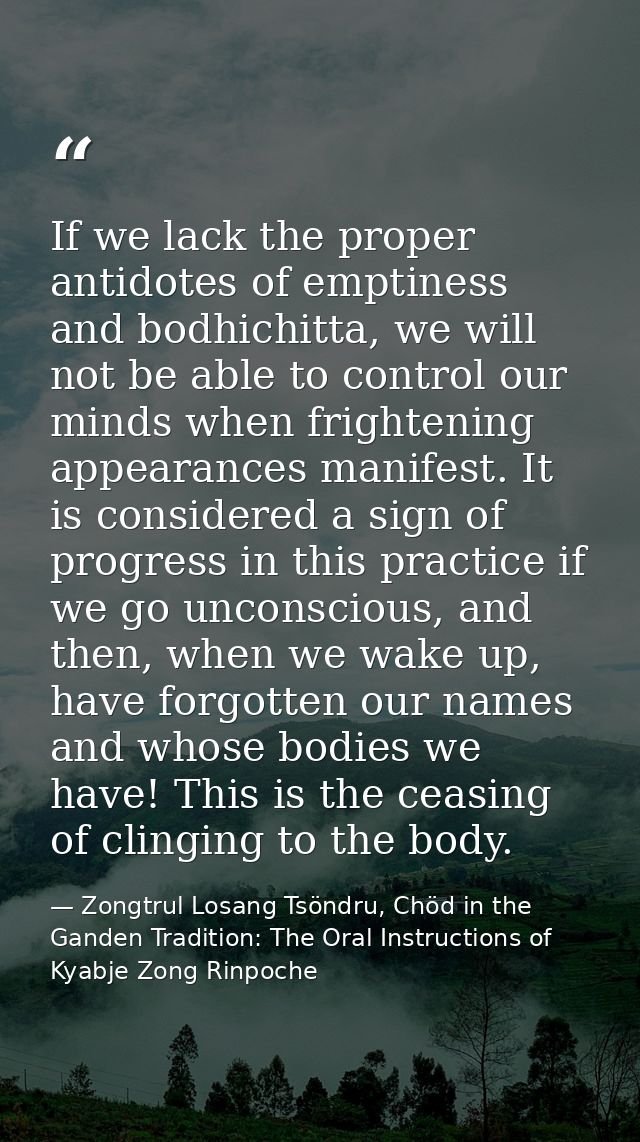 If we lack the proper antidotes of emptiness and bodhichitta, we will not be able to control our minds when frightening  — Zongtrul Losang Tsöndru, Chöd in the Ganden Tradition: The Oral Instructions of Kyabje Zong Rinpoche
