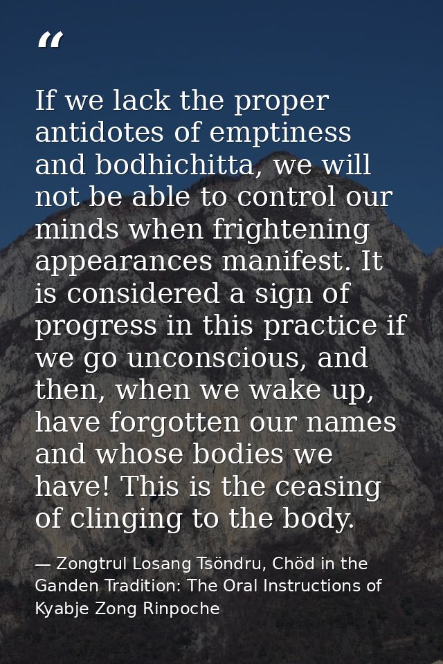 If we lack the proper antidotes of emptiness and bodhichitta, we will not be able to control our minds when frightening  — Zongtrul Losang Tsöndru, Chöd in the Ganden Tradition: The Oral Instructions of Kyabje Zong Rinpoche