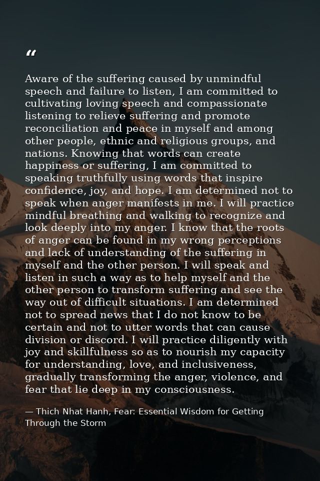 Aware of the suffering caused by unmindful speech and failure to listen, I am committed to cultivating loving speech and — Thich Nhat Hanh, Fear: Essential Wisdom for Getting Through the Storm