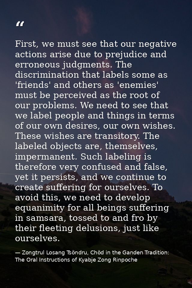 First, we must see that our negative actions arise due to prejudice and erroneous judgments. The discrimination that lab — Zongtrul Losang Tsöndru, Chöd in the Ganden Tradition: The Oral Instructions of Kyabje Zong Rinpoche