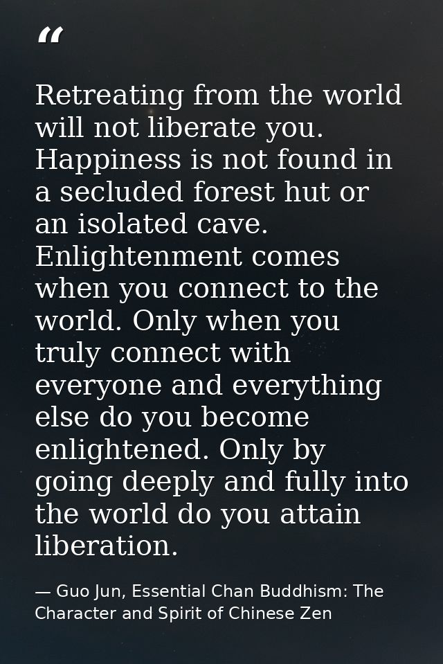 Retreating from the world will not liberate you. Happiness is not found in a secluded forest hut or an isolated cave. En — Guo Jun, Essential Chan Buddhism: The Character and Spirit of Chinese Zen