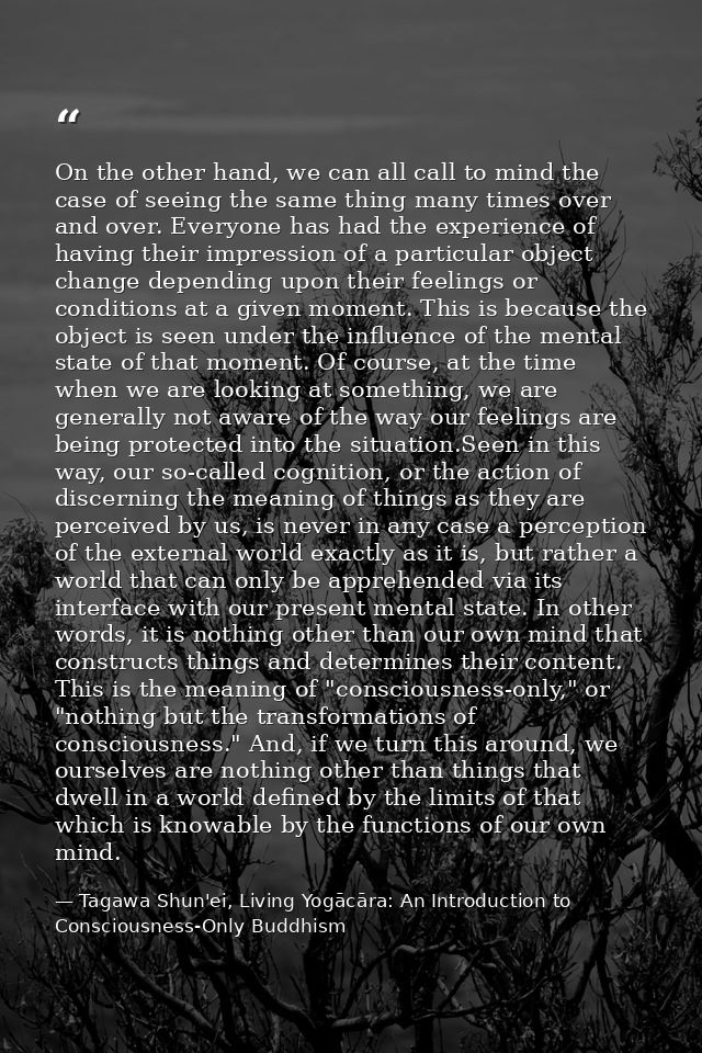 On the other hand, we can all call to mind the case of seeing the same thing many times over and over. Everyone has had  — Tagawa Shun'ei, Living Yogācāra: An Introduction to Consciousness-Only Buddhism