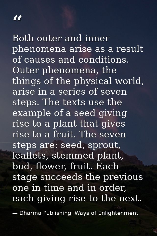 Both outer and inner phenomena arise as a result of causes and conditions. Outer phenomena, the things of the physical w — Dharma Publishing, Ways of Enlightenment