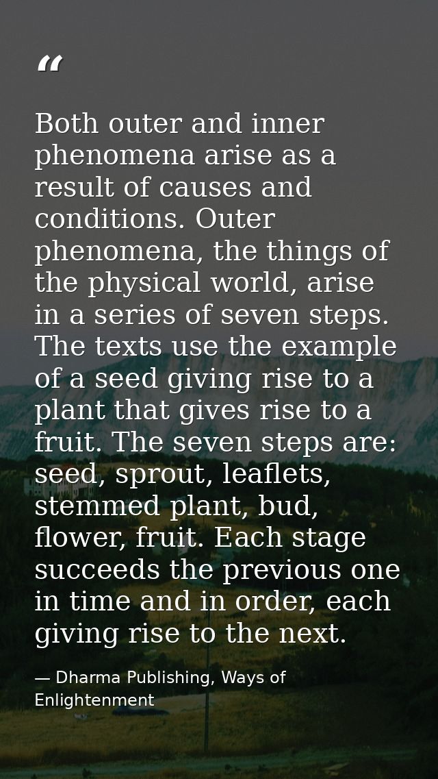 Both outer and inner phenomena arise as a result of causes and conditions. Outer phenomena, the things of the physical w — Dharma Publishing, Ways of Enlightenment