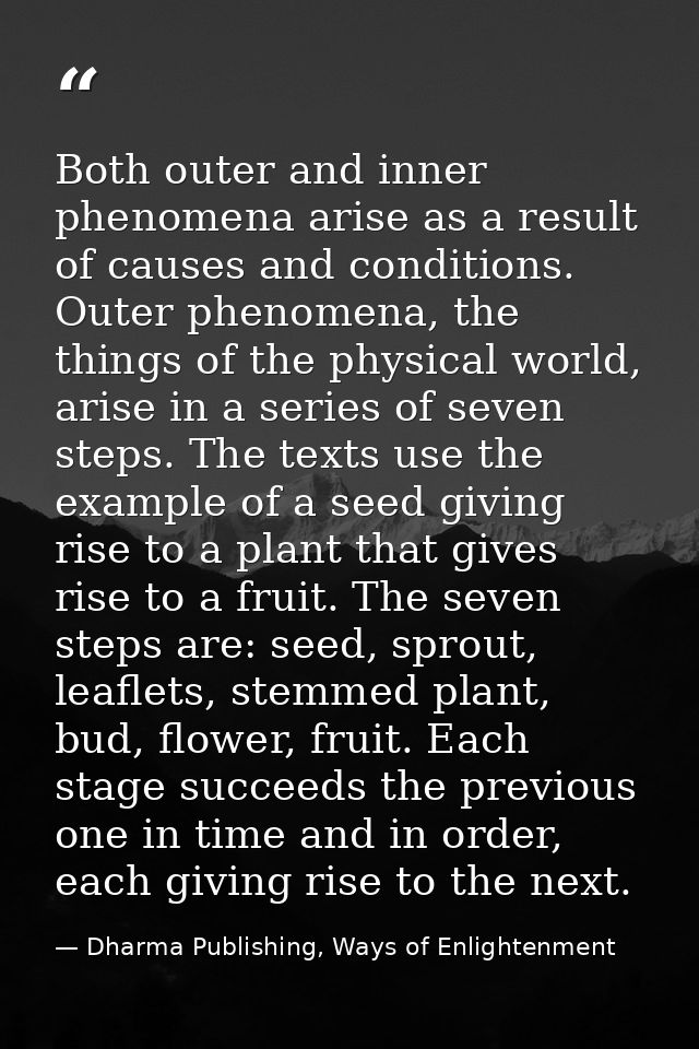 Both outer and inner phenomena arise as a result of causes and conditions. Outer phenomena, the things of the physical w — Dharma Publishing, Ways of Enlightenment